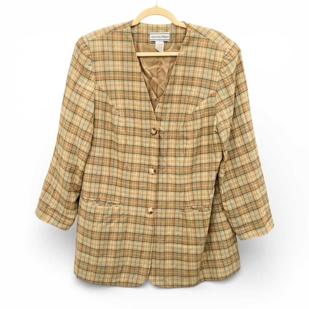 vintage 90s plaid linen blend collarless blazer
